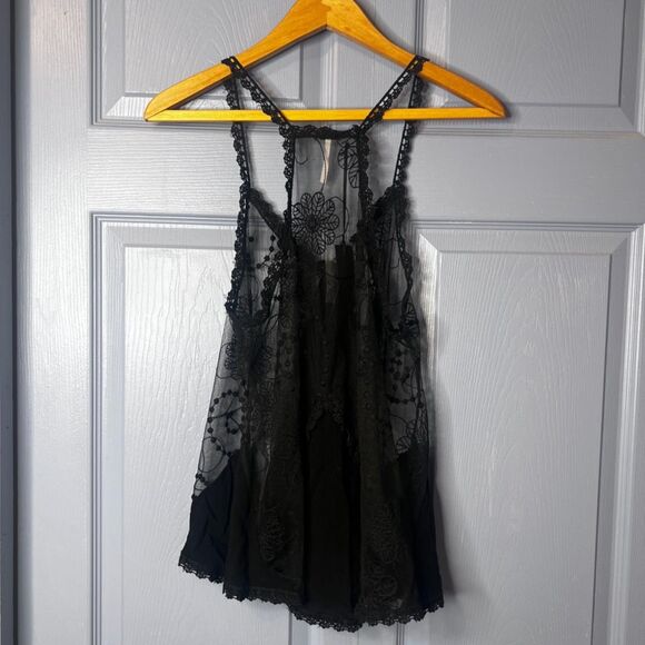 Poof NWOT Black Lace Sheer Aline Halter Boho Festival Gypsy Tank Top Size Small - Picture 2 of 9